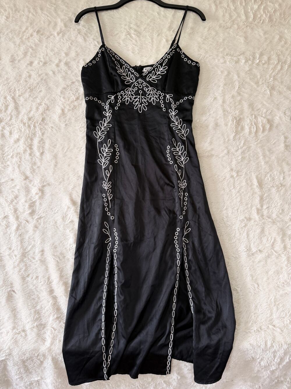 Wild Honey Womens Small Embroidered Slip Dress Black White Satin Midi Cami Y2K